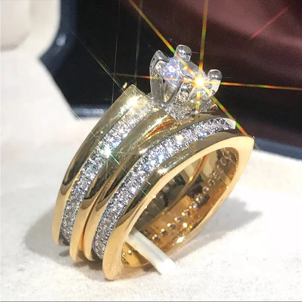 New Yellow Gold Plated Round Diamond 2Pcs Set Engagement Party Rings - Picture 4 of 5